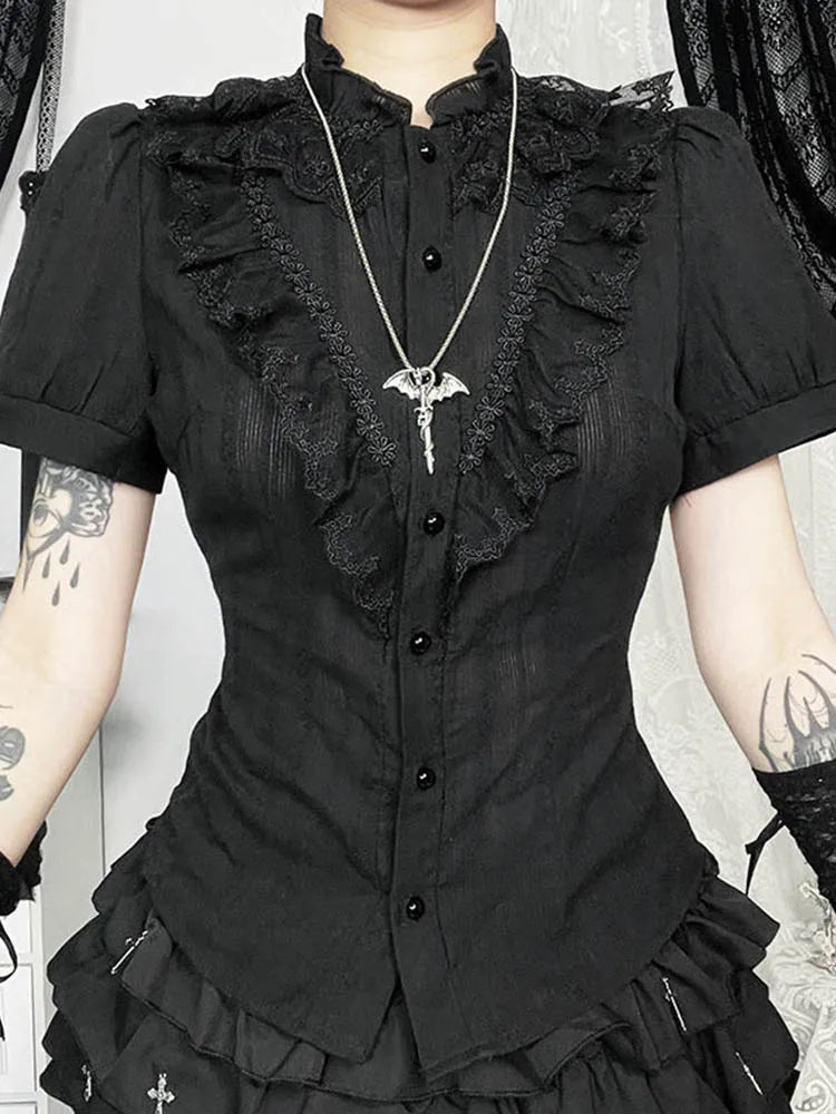 Sweet Lolita Cotton Shirts Women Vintage Gothic Black White Jacquard Short Sleeve Blouses Elegant Office Lady Y2k Tops