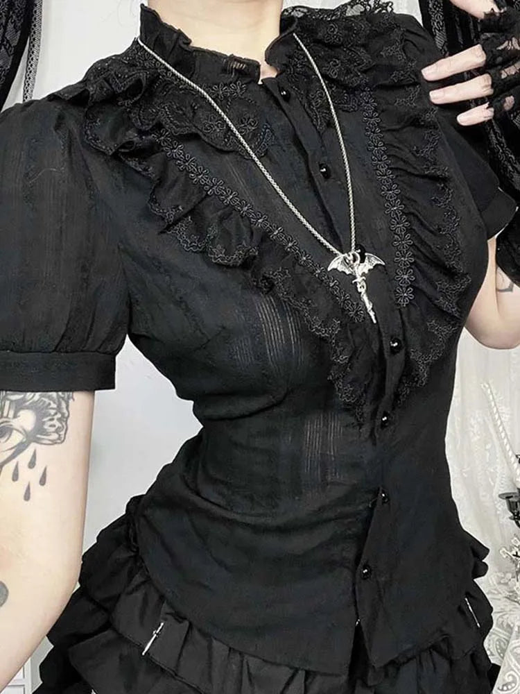 Sweet Lolita Cotton Shirts Women Vintage Gothic Black White Jacquard Short Sleeve Blouses Elegant Office Lady Y2k Tops