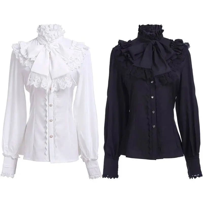 2026 Summer New Arrival Women's Vintage Ruffle Collar Shirt High Neck Lace Trim Button Down Shirt Elegant Gothic Blouse Tops