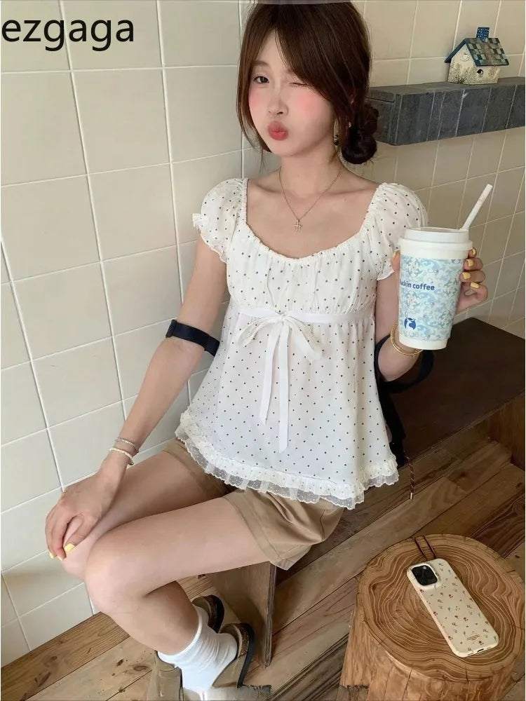 Ezgaga Shirts Women Sweet Polka Dot Lace Patchwork Puff Short Sleeve Loose Vintage Elegant Blouse Ladies Casual Tops Fashion